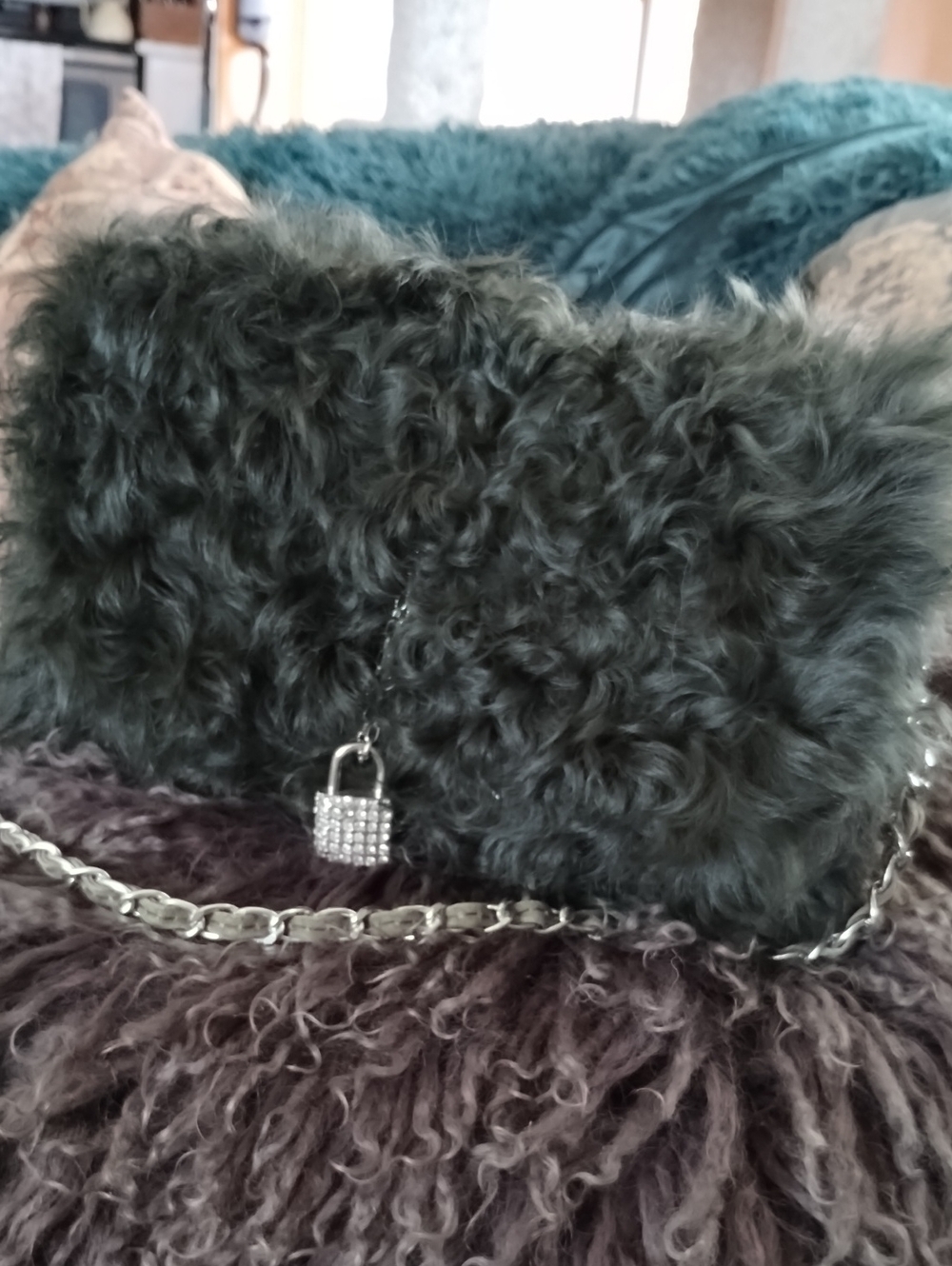 Vieta Dk Green Karankul Fur And Suede Chain Shoulder Bag